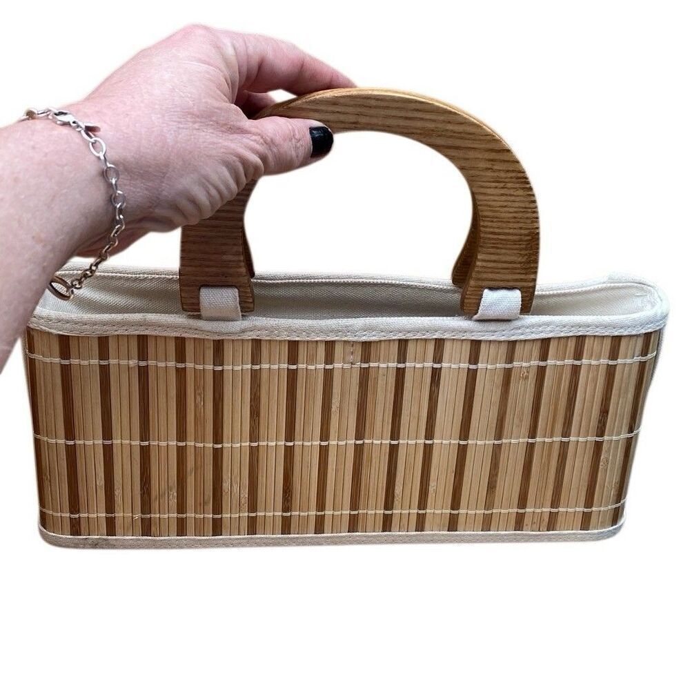 Bamboo Wood Slat Lined Purse, Handbag With Wood Handles Rectangle 13x6x4 - Picture 2 of 10